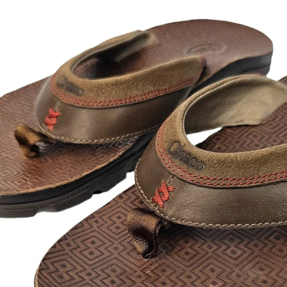 Chaco Mens Kirkwood Dark Earth Leather Sandals Size 9 Brown Flip Flops Slip On - Picture 4 of 9